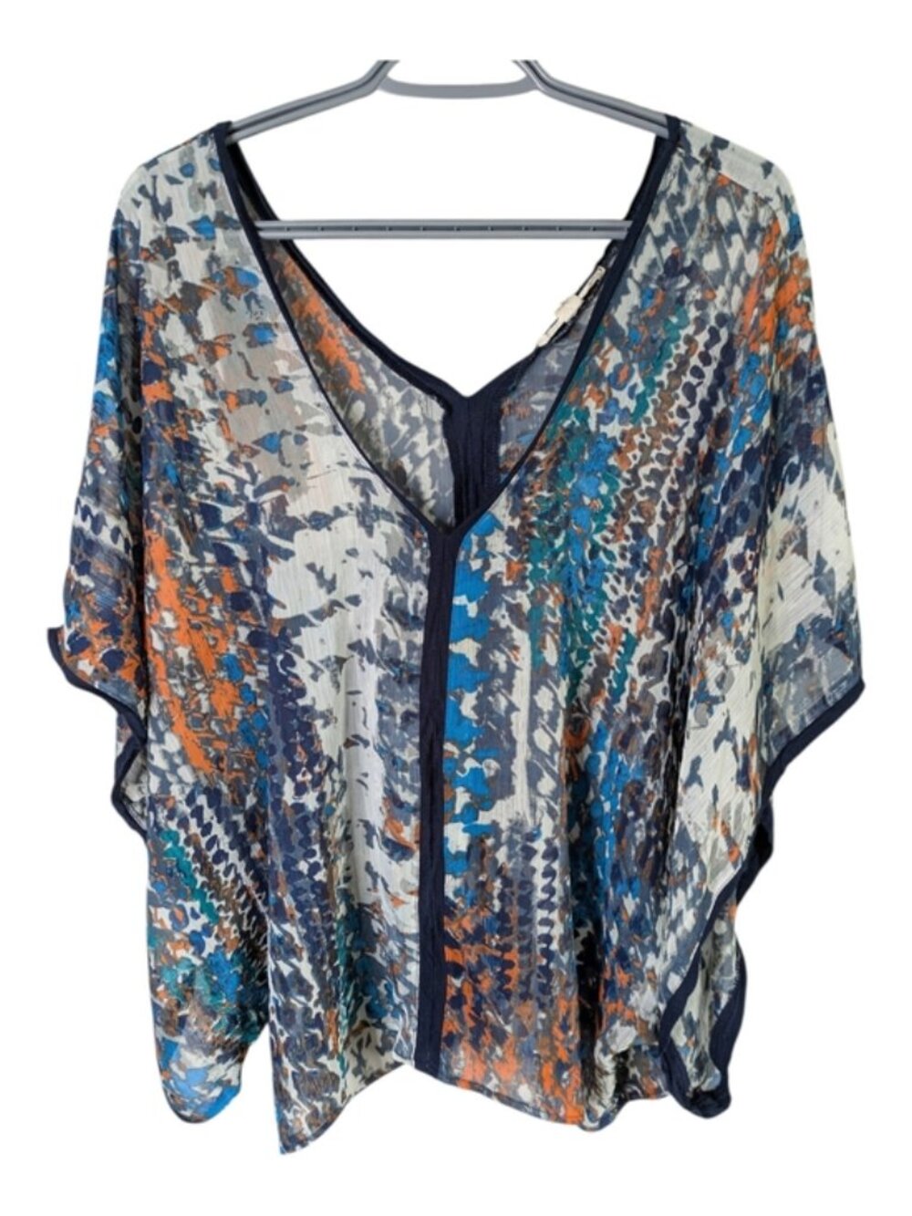 Lovestitch Boho Abstract Print Sheer Kimono Top Blue/Orange/Grey Size Large